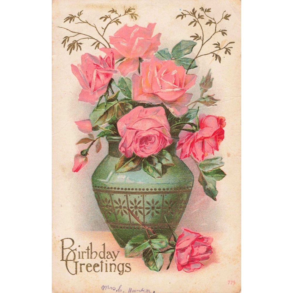 Vintage 1912 Birthday Greetings Postcard Pink Roses Green Vase Wheeler IL Stamp - Picture 1 of 2